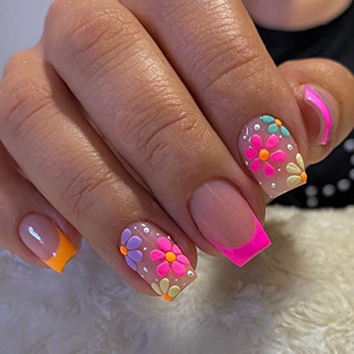 JUSTOTRY 24 Pcs Hot Pink French Tip Press on Nails with Flower Pattern,False Nails Short Square,Glossy Squoval Stick on Nail for Women and Teens,Fake Nail for Nail Art