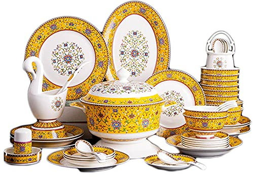 Luxury Tableware Set Tableware Dishes Plates Ceramic Combination Dinner Service Set of Bowls Dessert Plates Soup Plates Dinner Plates 60 Piece,Yellow (Yellow)