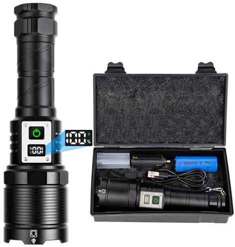 WHTOHY Rechargeable LED Torch, Super Bright Torches LED 90000 Lumen, Hight Power 5 Modes USB Rechargeable Powerful Torch Police Tactical Flashlights LCD Power Display for Camping Hiking Emergency