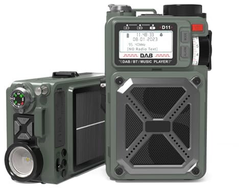 Radio Dab Portatile, Altoparlante Bluetooth Solare, Piccole Radio FM/BT/TF/USB/Musica, con Funzione Sveglia E Bussola Power Bank di Emergenza, Torcia a LED Radio Tascabile