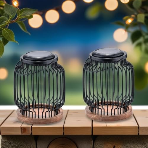 Marrakesch 2er Set Solarlaterne für außen mit Henkel aus Metall & Holz 18cm Groß | Skandinavische Outdoor Solar LED Laterne Lazar Schwarz IP65 Wasserdicht als Gartendeko Deko