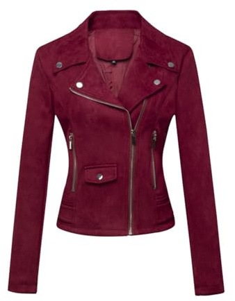 ANUFER Femmes Simili Cuir Suédé Veste de Motard Refroidir Fermeture éclair Croisée Manteau Court SD5A1212 Bourgogne L