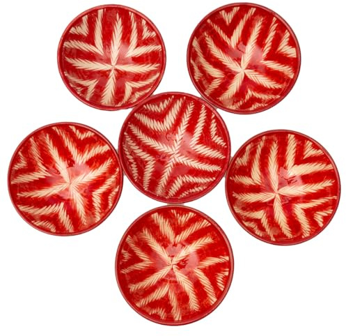 PODARI 6 Keramikschalen 200 ml Piyola klein handgefertigt Atlas (Rot-Weiß) - Usbekischer Schälchen mit handbemaltem Design | Teetasse | Schale Bunt Keramik | Dipschälchen (Atlas (Rot-Weiß))