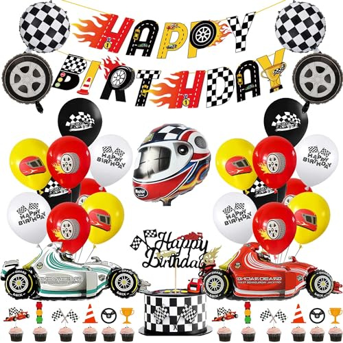 Race Car Birthday Party Decorations - 39 Pcs Racing Balloons Decor Including Banner Cake Cupcake Toppers, Motorcycle Foil Balloons for Boys Car Game Birthday Supplies