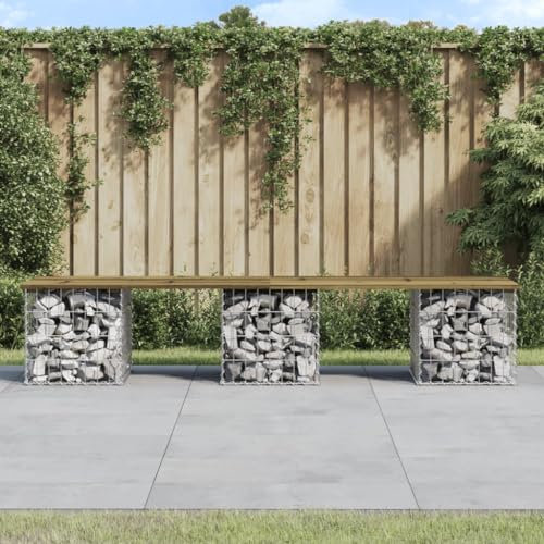 Homgoday Gabionenbank Bank Sitzbank Balkonbank Parkbank Gabione Steinkorb Drahtkorb Gartenbänke Gabionenkorb Ruhebank Terrassenbank Gartenbank aus Gabionen 203x31x42 cm Kiefernholz Imprägniert