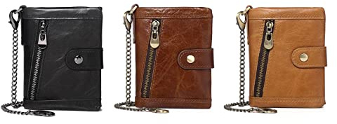 LVUNZJCA Herren-Geldbörse mit Kette Herrenbrieftasche aus Leder mit Anti-Diebstahl-Kette Leder-RFID-Doppelt-Faltbrieftasche(Black)