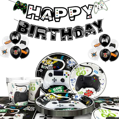 Video Game Party Supplies,Serves 16 Gaming Party Decorations Tableware Set Game Plates Cups Napkins Tablecloth Gaming Balloons Banner etc Black White Video Game Birthday Supplies