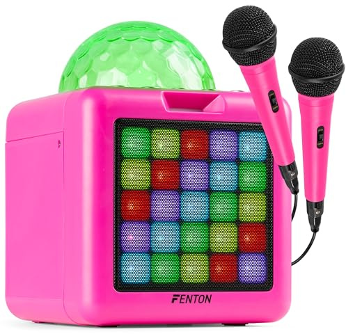 Fenton KAR15P Mobile Karaoke Maschine Kinder mit 2 Mikrofonen, Bluetooth, Akku, LED-Lichteffekte, Echo-Modi & AUX-Eingang - Tragbare Karaoke Box mit USB-C-Kabel, ideal für Partys & Duette - Pink