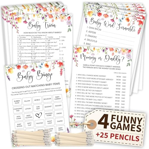 WOODAMORE Funny Baby Shower Games for Girls - Floral Baby Shower Bingo Cards for 25 Guests, Word Game for Mom or Dad, Baby Shower Trivia, Baby Shower Ideas | 4 games with pencils, bingo, word scramble, trivia, mommy or daddy, floral theme, 25 guests