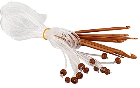 12pcs Carbonized Bamboo Crochet Hooks Set with Plastic Cable, Smooth Weave Needles for Beginners