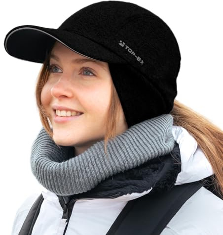 TOP-EX M/L/XL Bonnet de baseball d'hiver hydrofuge avec rabat pour oreilles pour femmes - Bonnet tricoté avec trou pour queue de cheval - Doublure intérieure en polaire réfléchissante et chaude, M/L