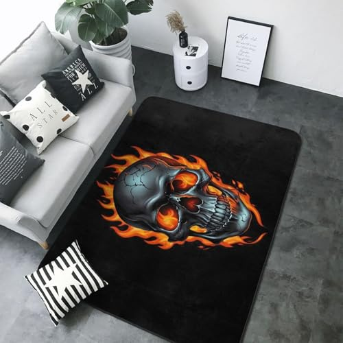 Alfombra de metal con diseño de calavera de llama para sala de estar, dormitorio, decoración estética, 5 x 7 pulgadas, suave, lavable, alfombra antideslizante