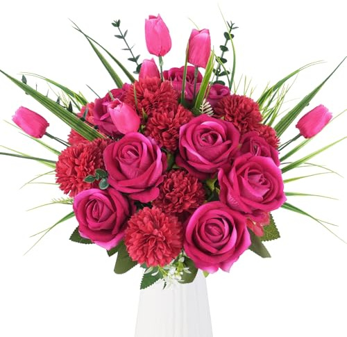 Fairblo Kunstblumen wie Echt Kunstblumenstrauß Rote Rosen Künstlich Blumenstrauß Blumen Künstliche Tulpen Chrysanthemen Künstlich Kunstrosen Rosa Seidenblumen Frühling Deko für Vase Hochzeit Tischdeko