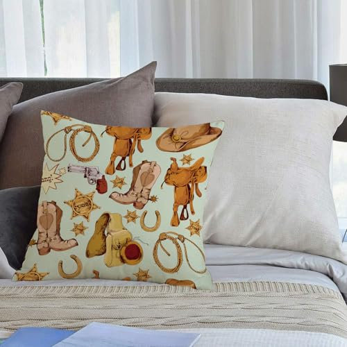 EMCLKS Designs Kissenbezug Männer/Frauen/Jungen/Mädchen Wohnzimmer Schlafzimmer Sofa Stuhl Kissenbezüge,Western-Dekor, Wild-West-Cowboy-Muster mit Lasso, Pferdesattel, Sheriff, Stern, Pistole,50x50cm