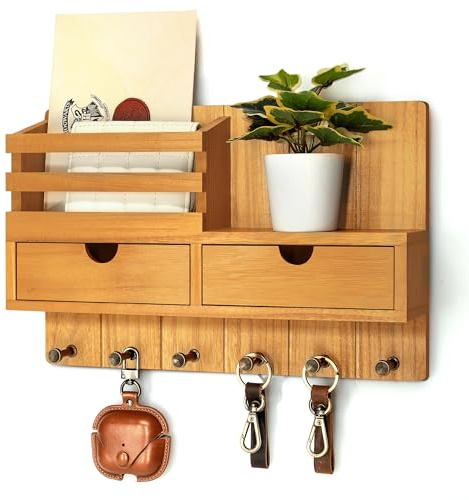 Rebee Vision Moderner Bauernhaus-Schlüsselhalter, Wandhalterung mit 2 Schubladen, Briefhalter für die Wand mit 6 Schlüsselhaken, ideal für Eingangsbereich, Küche und Wohnzimmerdekoration (Hellbraun)