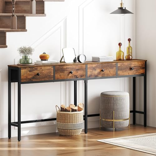 YATINEY Tavolo Consolle Ingresso Stretto 180 cm, Stile Industriale, con 4 Cassetti in Tessuto, per Soggiorno, Ingresso, Corridoio, Marrone Vintage e Nero, XCT41BR