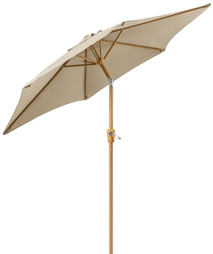 CHRISTOW 2.4m Tilting Garden Parasol with Crank Handle, 38mm Steel Pole, Wood Effect Finish, Outdoor Sunshade Umbrella, Heavy Duty Polyester, UV30+ Sun Protection, Water Resistant, Air Vent (Taupe)