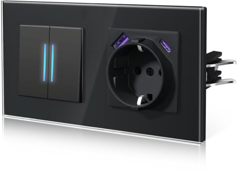 BSEED Enchufes con 20W USB y Tipo C,Enchufe Pared con Cristal,Instalación Con Garfio,Conexión sin Destornillador,Seguridad infantil,E-Serie,2 Gang 2 Vía Con 20 W Enchufe,157mm Negro