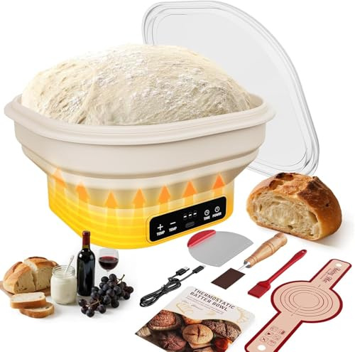 MQFORU Ciotola elettrica per lievitazione pane a lievitazione naturale, 2 l, con display a LED, temperatura regolabile (25-50 °C), set di cestini per lievitazione pane a lievitazione naturale