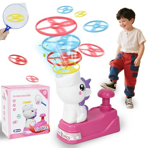 Joellfuner Jeux Exterieur Enfant, Soucoupe Volante Pop-up, Flying Saucer Launch Toy Set, Lanceur de Disques Volants avec 36 Disques, Jouets Extérieurs pour Enfants Âgés de 3 4 5 6 7 8 Ans (Rose)
