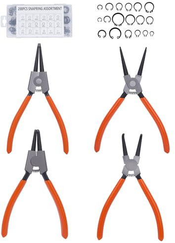 Haliya 4-teiliges Seegeringzange Set ca. 170 mm + 200 Sicherungsringe – Gerade & Gebogene Innen- und Außensicherungsringzange – Hochwertiges Sprengringzangen Set für Innen- und Außenringe