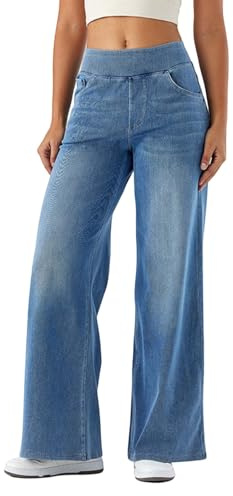 Jean Femme Taille Haute Elastique Coupe Droite Jean Large Femme Taille Elastique Ultra Confortable Baggy Jeans Wide Leg à Jambe Large Coupe Ample Pantalon Fluide éTé Pas Cher Denim Pants