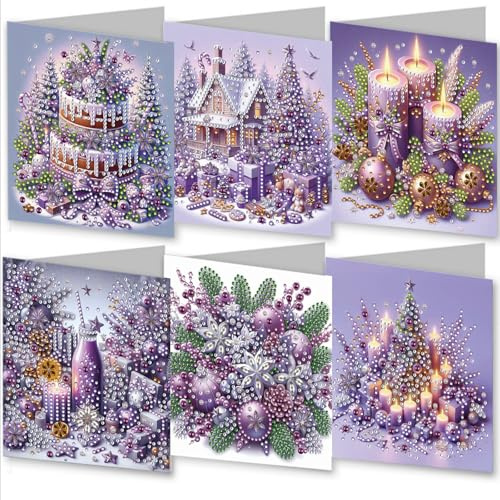 Awesocrafts 6pcs Diamond Art Christmas Cards Kits Christmas Tree Candles House, DIY Diamond Painting Cards Sets, 5D Crystal Art Card with Envelopes, Postcards for Handmade, Xmas 30 * 15cm (Christmas)