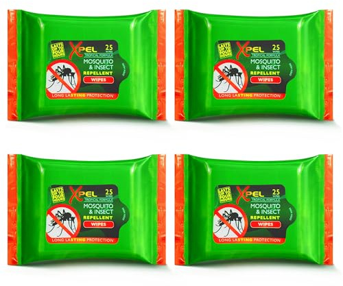 Mosquito & Insect Repellent Wipes – Travel, Camping & Hiking Bug Protection – Long-Lasting Outdoor Repellent for Mosquitoes, Midges, Flies, Ticks & Biting Insects – Portable 100 Wipes, 4 Pack by Xpel