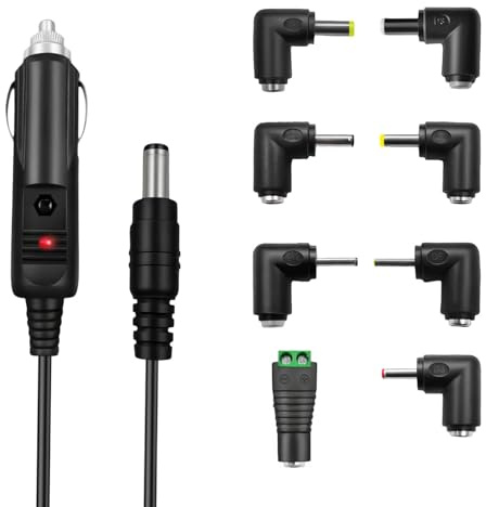 DC 12V 2A Car Charger Universal Power Cord 5.5x2.1mm 5FT Power Cord for DVD Players GPS Bluetooth Speakers label maker Camera router CD Player and More Includes 8 Connectors