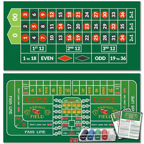Lunorvexia Double Sided Roulette Craps Table Top Mat - Professional Casino Felt Layout for Poker Table Cover, Poker Night, Dice Games and Casino Theme Parties with 100 Chips and Instructions, 36x72