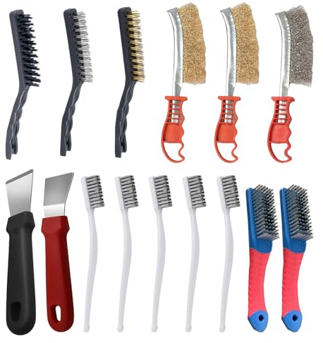 13PCS Wire Brushes for Cleaning Set Stainless Steel Brass Rust Metal Brushes Metal Brush Set With 2 Scrapers for Paint Removal Industrial Welding Walnut Carving Gaps Rust Removal