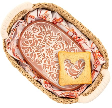 Vivi's Bread Warmer Basket with Stone | and Cotton Towel | for Sourdough Bakers | Water Hyacinth Bread Baskets for Serving | Artisan Terracotta Bun Warmer | Easter Hostess Gift