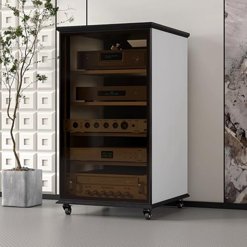 LYXWGRZD Audio Rack HiFi Regal Mit Glastür, Mit Höhenverstellbarem und Rollen, Plattenspieler Regal Steinplattenoberfläche For Heimkino-Organizer(Wit,99.2cm/39in)