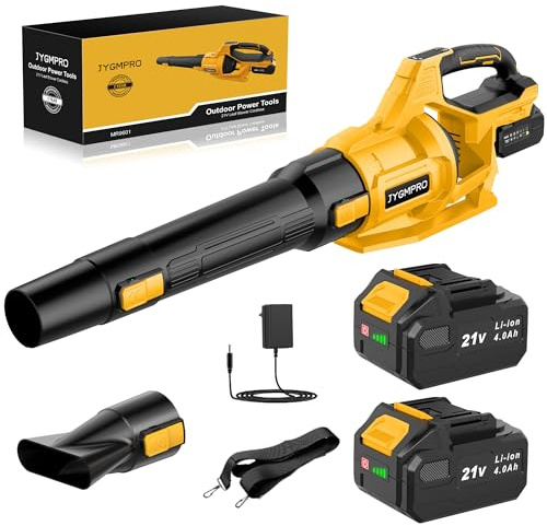JYGMPRO 21V Soffiatore a Batteria, Soffiatore Foglie Elettrico con 2 Batteria da 4,0Ah, 2 Ugelli, 3 Velocità Regolabili, Tracolla per Foglie, Neve, Polvere e Detriti