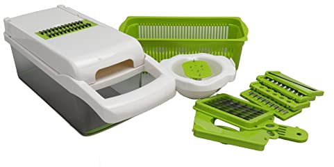Cortador, pelador y picador de verduras, rallador, herramienta de cocina de acero inoxidable con mango antideslizante y recipiente para la cuchilla para papas, zanahorias y (Blanca)
