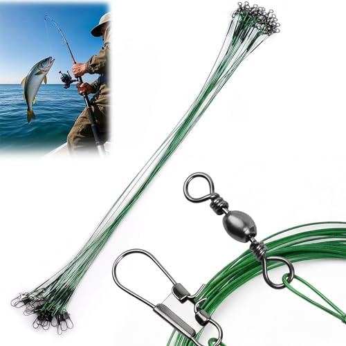 KIMHOME Ganchos de pesca verdes de 20 cm con líder (prueba de 22,7 kg), paquete de 20 alambres resistentes antimordida, acero al carbono resistente a la corrosión, afilados para lucio, peces