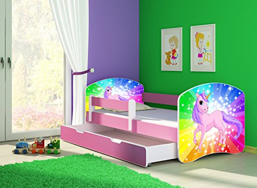 CLAMARO 'Fantasia Pink' 160 x 80 Kinderbett Set inkl. Matratze, Lattenrost und mit Bettkasten Schublade, mit verstellbarem Rausfallschutz und Kantenschutzleisten, Design: 18 Einhorn Regenbogen