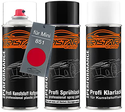 TRISTARcolor Autolack Spray Kunststoff für Mini 851 Chili Red/Solar Red | Sprühdosen-Set für Stoßstange/Plastik, Kunststoff-Haftgrund + Basislack + Klarlack