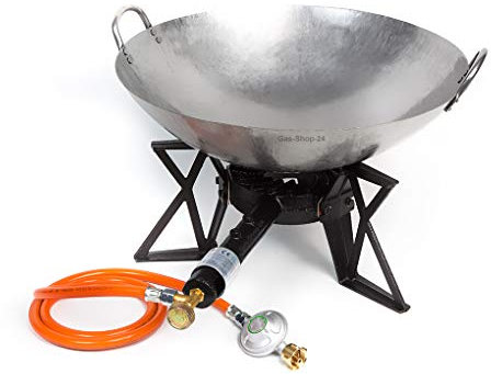 Wokbrenner Set/Gaskocher 7,5KW mit Gasschlauch + Druckminderer + 45 cm Stahl Asia-Wokpfanne (Gusseisen Hockerkocher, Asia Kocher, Gastrokocher, Gasherd, Campingkocher für Wok)