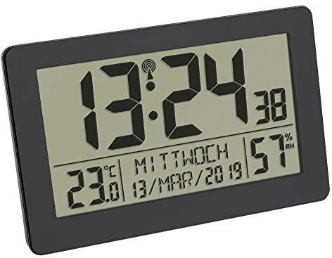 TFA Dostmann Horloge Murale Radio-pilotée numérique, 60.2557.01, avec réveil à 2 Heures d'alarme, Affichage de la température, de la Date, des Jours de la Semaine, avec rétroéclairage, Noir