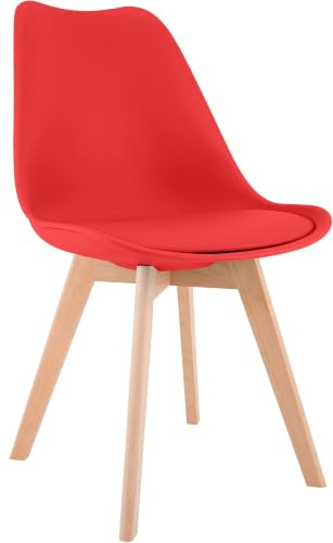 CLP Esszimmerstuhl gepolstert Linares, Küchenstuhl mit Rückenlehne und Holzgestell Buchenholz, Polsterstuhl mit Bodenschonern Farbe rot Material Kunststoff