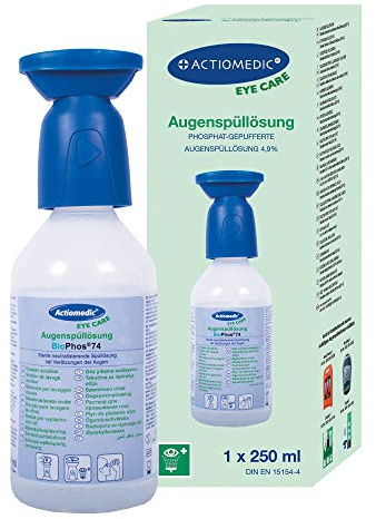 ACTIOMEDIC Augenspülung mit phosphatgepufferter Spüllösung BioPhos®74 4,9% im Einzelkarton I Phosphatgepufferte Augenspüllösung I Sterile Augenspüllösung für Chemikalien I Im Einzelkarton I 250 ml