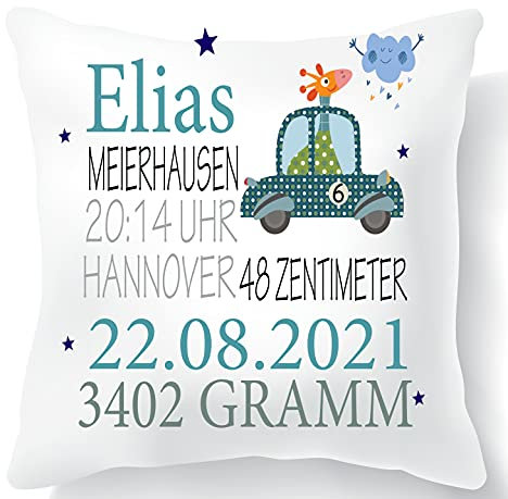 Personalisiertes Kissen zur Geburt Junge – Babygeschenk mit Namen & Geburtsdaten – Kuscheliges Namenskissen als Erinnerung – Personalisierte Geschenke zur Geburt für Jungen (Auto klein)