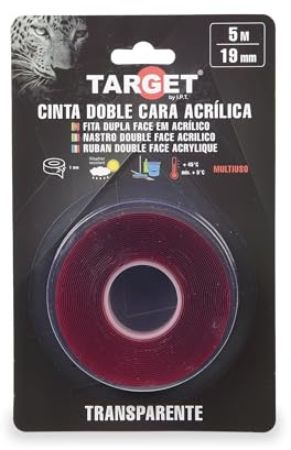 TARGET - Extra starke doppelseitige Klebeband - 5 Meter x 19 mm - Transparent - Selbstklebend | Montageband für Innen- und Außenbereich | Rückstandsfrei - Metall, Holz, Glas, Kunststoff