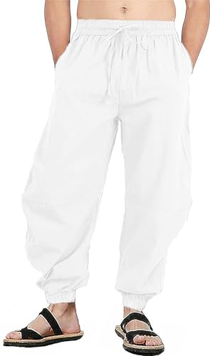 perdontoo Mens Casual Cotton Linen Pant Elastic Waist Drawstring Yoga Jogger Pants (Large, White)
