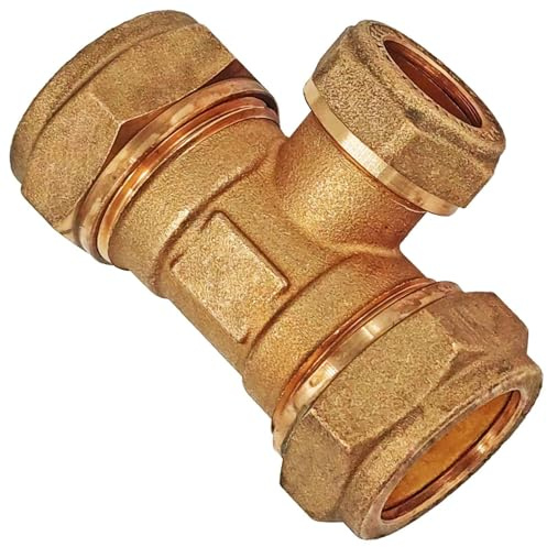 MegaHaustechnik Schraubfitting Kupferrohr, T-Stück reduziert, 28 x 22mm | Messing Klemmringverschraubung, Trinkwasser geeignet, für Rohr-Außendurchmesser 28 x 22 x 28mm, Mittenabgang reduziert