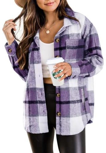 Beaully Womens Casual Plaid Brushed Flannel Button Down Pocketed Shirt Jacket Shackets Coats 6025 Purple Large