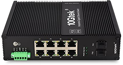 10Gtek 10-Port Industrial DIN-Rail Ethernet Switch Hutschiene, POE 802.3af/at, IP40, 2X Gigabit SFP Slot mit 20-km SFP Transceiver, G0208i-P08, DIN-Rail Mount（Power Supply is Not Included）