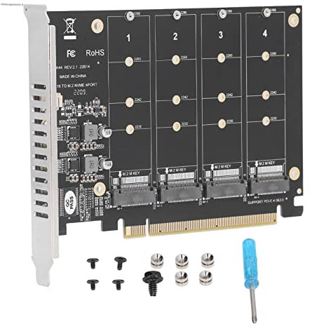 Bewinner Adattatore da SSD M.2 NVME a PCIE X16, Scheda Array SSD a 4 Porte, Scheda Raid Soft 4x32 Gbps Ad Alta velocità con Indicatore LED Individuale