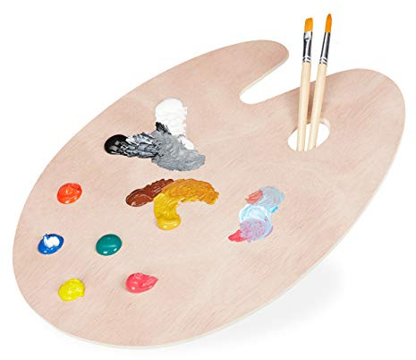 1 x Mischpalette Holz, Künstler, Acryl-, Aquarell- & Wasserfarben, mit Griffloch, BxT 40x30 cm, Malpalette, Natur